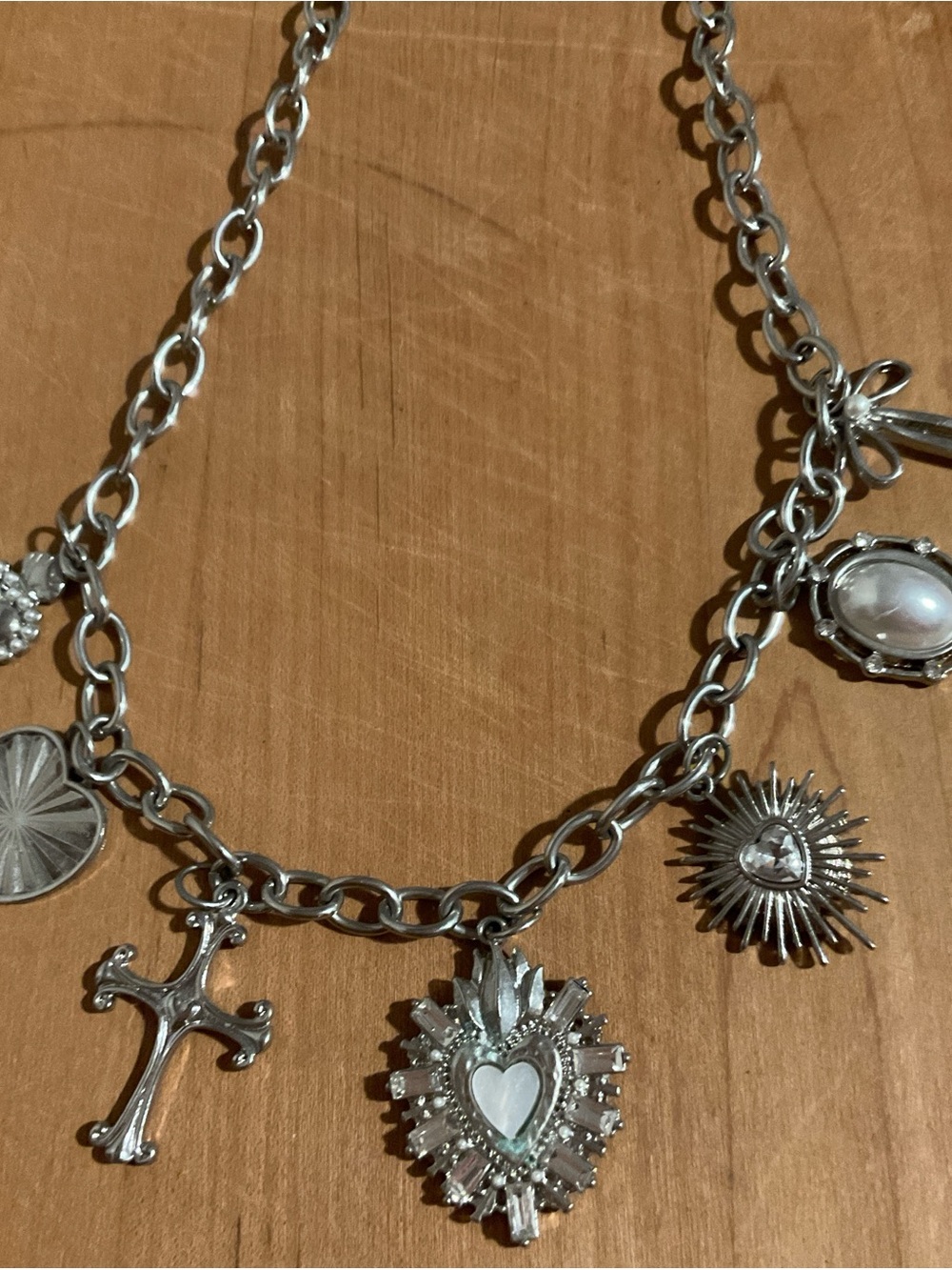 Silver-Tone Religious Charm Necklace with Heart and Cross Pendants